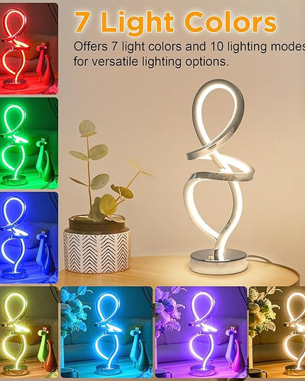 Modern Table Lamp, RGB Table Lamp，LED Spiral Lamp, Silver Bedside Lamp with 7 Colors 10 Light Modes, Touch Dimmable Nightstand Lamp for Bedroom Living Room Home Office, 15W - LeafyLoom