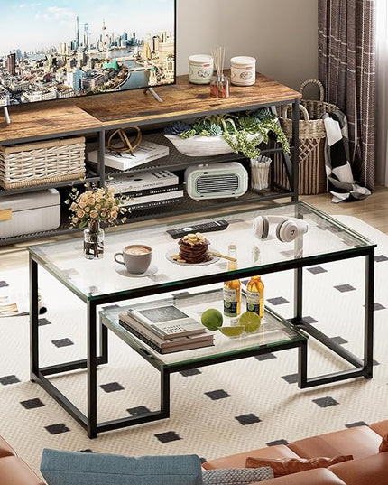 Coffee Table Black Glass Coffee Table for Living Room,2 Tiers Rectangle Center Table with Sturdy Metal Frame,Modern Tempered Glass Accent Table for Bedroom Home Office - LeafyLoom