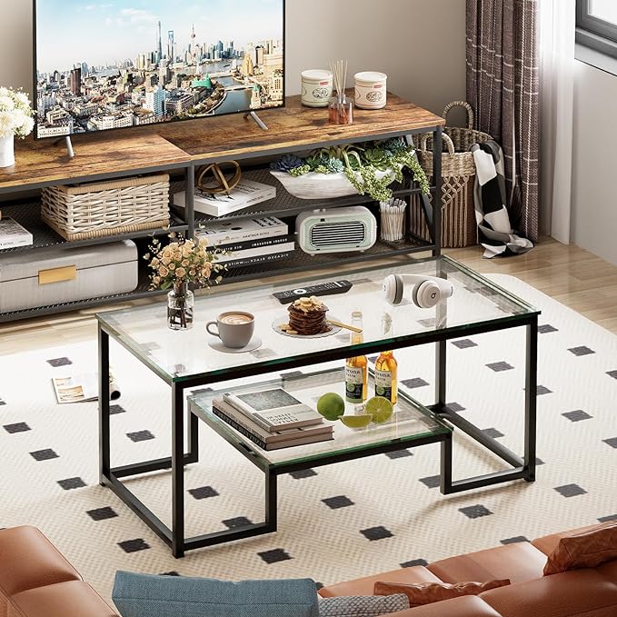 Coffee Table Black Glass Coffee Table for Living Room,2 Tiers Rectangle Center Table with Sturdy Metal Frame,Modern Tempered Glass Accent Table for Bedroom Home Office - LeafyLoom
