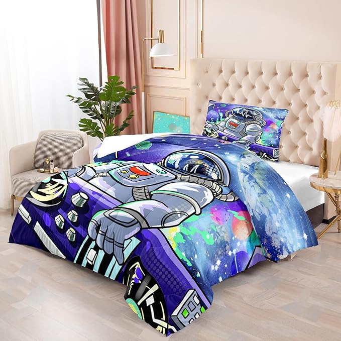 Astronaut Comforter Twin for Teens Boys Kids Girls Universe Outer Space Bedding Set Themed Astronaut Printed Pattern Kids Comforter for Boys Bedroom Decor, 1 Comforter 1 Pillowcases - LeafyLoom