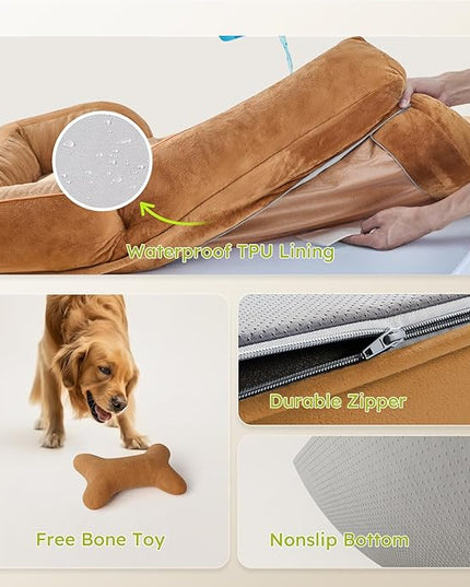 Jumbo Orthopedic Dog Bed for Extra Large Dogs With Cooling Gel Memory Foam, Waterproof, Removable Washable Cover, 45" Sofa Couch, Dutch Velvet With Bone Toy, Brown LeafyLoom
