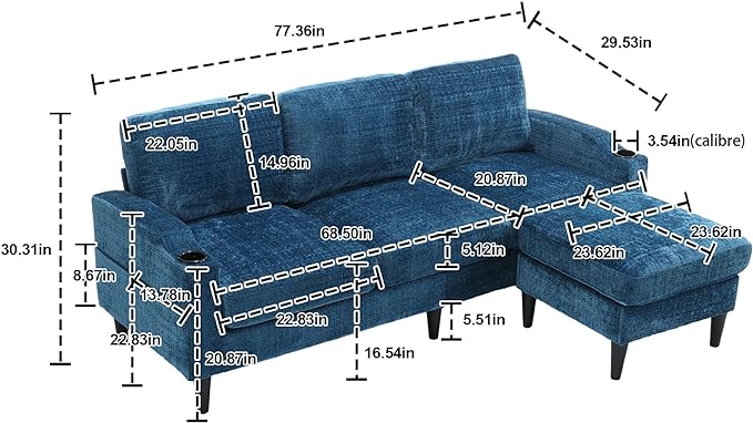 77.36" Modern Chenelle Polyester Sectional Sofa,L-Shaped Couch with Storage Ottoman,3 Seat Interior Furniture W/Pockets and Both Armrests Contain Cup Holders,for Dorm,Apartment,Teal - LeafyLoom