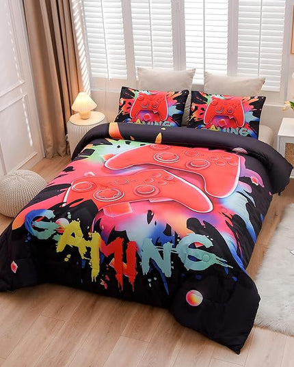 Aimuan Gaming Comforter Sets for Boys Kids Bedding Sets Video Games Console Action Buttons Novelty Colorful Game Gamepad Controller Modern Gamer Room Decor Home Quilt Set (Twin, Black) - LeafyLoom