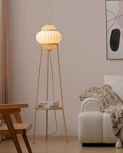 Hikari - Japanese Boho-Chic - Floor Lamp with Shelf Adjustable Height, Silk, Bamboo Woven Shade, for Living Room, Bedroom, Study - UL Listed - LeafyLoom