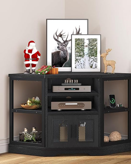 YITAHOME Corner TV Stand for TVs up to 55/50 Inch with Power Outlet, Modern Farmhouse Entertainment Center, Wood TV Media Console with Storage Cabinets Shelves for Living Room, 47" Black - LeafyLoom
