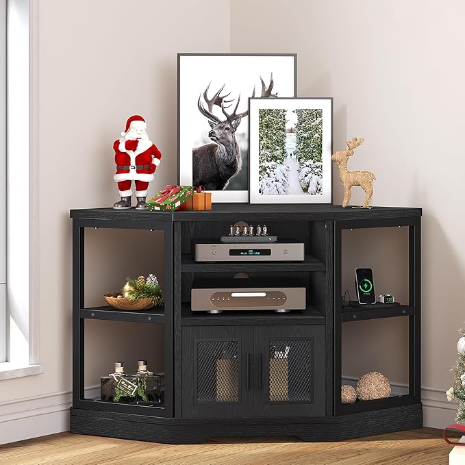 YITAHOME Corner TV Stand for TVs up to 55/50 Inch with Power Outlet, Modern Farmhouse Entertainment Center, Wood TV Media Console with Storage Cabinets Shelves for Living Room, 47" Black - LeafyLoom