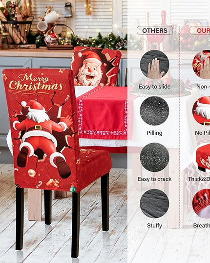 4PCS Christmas Dining Chair Covers Stretch Removable Washable Dining Room Chair Protector Slipcover 3D Print Santa Claus Deer Kitchen Chair Cover Slipcovers Protector for Xmas Holiday Party Home Décor CZL