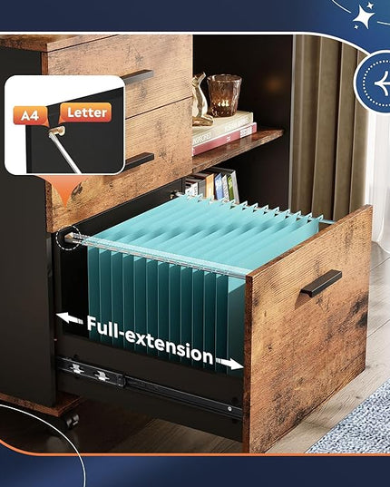 DEVAISE 3-Drawer Wood File Cabinet, Mobile Lateral Filing Cabinet, Printer Stand with Open Storage Shelves for Home Office, Rustic Brown - LeafyLoom