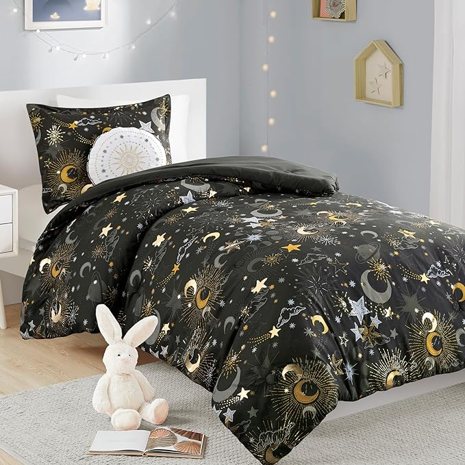 Mi Zone Kids Twin Comforter Set, Celestial Metallic Comforter Set Starry Sky, Moon & Sun Comforter, All Seasons Lightweight & Fluffy Comforter Bed Set, 1 Sham, Celia, Twin Charcoal/Gold 3 Piece - LeafyLoom