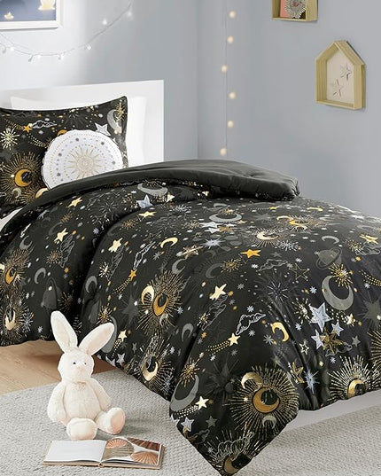 Mi Zone Kids Full Comforter Set, Celestial Metallic Comforter Set Starry Sky, Moon & Sun Comforter, All Seasons Lightweight & Fluffy Comforter Bed Set, 2 Shams, Celia, Full/Queen Charcoal/Gold 4 Piece - LeafyLoom