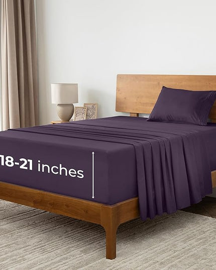 Mellanni Extra Deep Twin Sheets - 3 PC Iconic Collection Bedding Sheets & Pillowcases - Hotel Luxury, Ultra Soft, Cooling Bed Sheets - Extra Deep Pocket up to 21 inch (Twin, Purple) - LeafyLoom