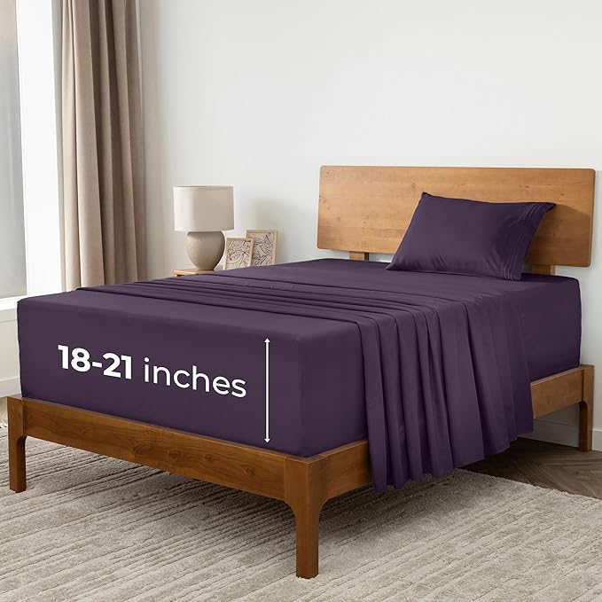Mellanni Extra Deep Twin Sheets - 3 PC Iconic Collection Bedding Sheets & Pillowcases - Hotel Luxury, Ultra Soft, Cooling Bed Sheets - Extra Deep Pocket up to 21 inch (Twin, Purple) - LeafyLoom