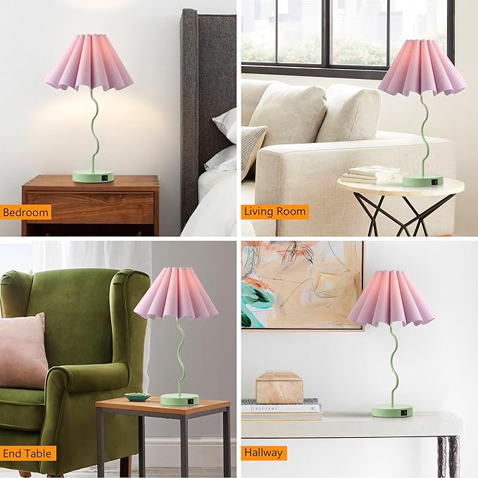 Bedside Table Lamp Set of 2 Touch Dimmable Unique Green Lamp with USB Port and Outlet Modern Lamp for Living Room - LeafyLoom