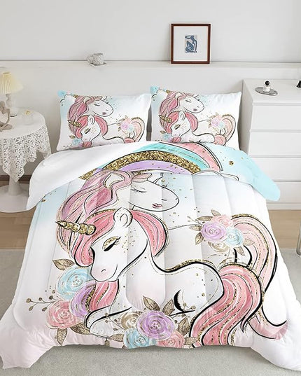 CVHOUSE Unicorn Bedding Full Size,Unicorn Bedding Set for Girls Kids,Cute Unicorn Comforter Set Chrismas Duvet Set Unicorn Quilt Set Girls Room Decor 3 Pieces - LeafyLoom
