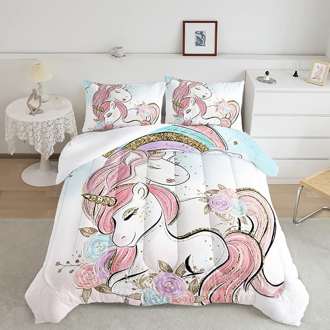 CVHOUSE Unicorn Bedding Twin Size,Unicorn Bedding Set for Girls Kids,Cute Unicorn Comforter Set Chrismas Duvet Set Unicorn Quilt Set Girls Room Decor 3 Pieces - LeafyLoom