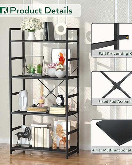 OTK 4 Tier Bookshelf, Tall Bookcase, Office Shelf Storage Organizer, Modern Book Shelf for Living Room, Bedroom, and Home Office, Black - LeafyLoom