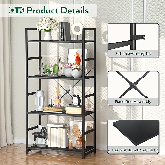 OTK 4 Tier Bookshelf, Tall Bookcase, Office Shelf Storage Organizer, Modern Book Shelf for Living Room, Bedroom, and Home Office, Black - LeafyLoom