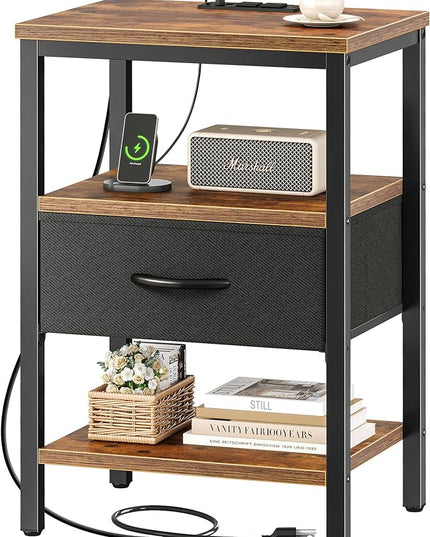 SUPERJARE Nightstand with Charging Station, Bed Side Table with Adjustable Fabric Drawer, Night Stand for Bedroom, 3-Tier Storage End Table, for Living Room, Rustic Brown and Black - LeafyLoom