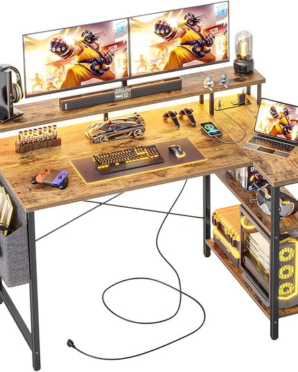 L Shaped Gaming Desk with Power Outlets, 47 Inch Computer Desk with LED Lights and Reversible Shelves, Corner Desk Work Desk for Home Office Bedroom, Rustic Brown - LeafyLoom