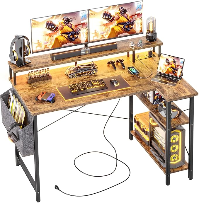 L Shaped Gaming Desk with Power Outlets, 47 Inch Computer Desk with LED Lights and Reversible Shelves, Corner Desk Work Desk for Home Office Bedroom, Rustic Brown - LeafyLoom