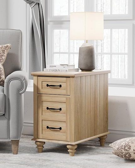 WAMPAT End Table with Charging Station, Wood Side Table with Drawer and Storage Cabinet, Modern End Table with Power outlets USB Ports for Living Room Bedroom, Oak - LeafyLoom