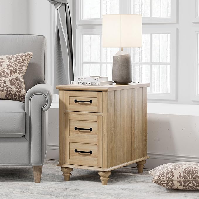 WAMPAT End Table with Charging Station, Wood Side Table with Drawer and Storage Cabinet, Modern End Table with Power outlets USB Ports for Living Room Bedroom, Oak - LeafyLoom