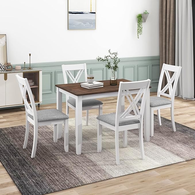 NicBex Dining Table Set for 4 Kitchen Table and Chairs Wood 5-Piece Dining Table Set with 4 X-Back Chairs for Small Places for Small Space, Apartment, Studio, White - LeafyLoom