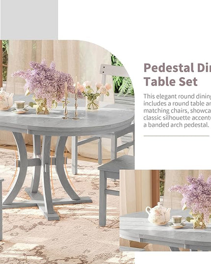 Rustic Round Pedestal 15.7" Removable Leaf, Extending w/Simple Chirs, for Small Place, Kitchen, 5 Piece Dining Table Set, Gray 10 - LeafyLoom