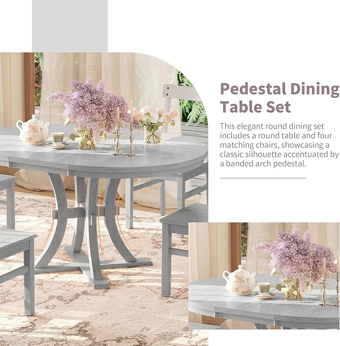 Rustic Round Pedestal 15.7" Removable Leaf, Extending w/Simple Chirs, for Small Place, Kitchen, 5 Piece Dining Table Set, Gray 10 - LeafyLoom