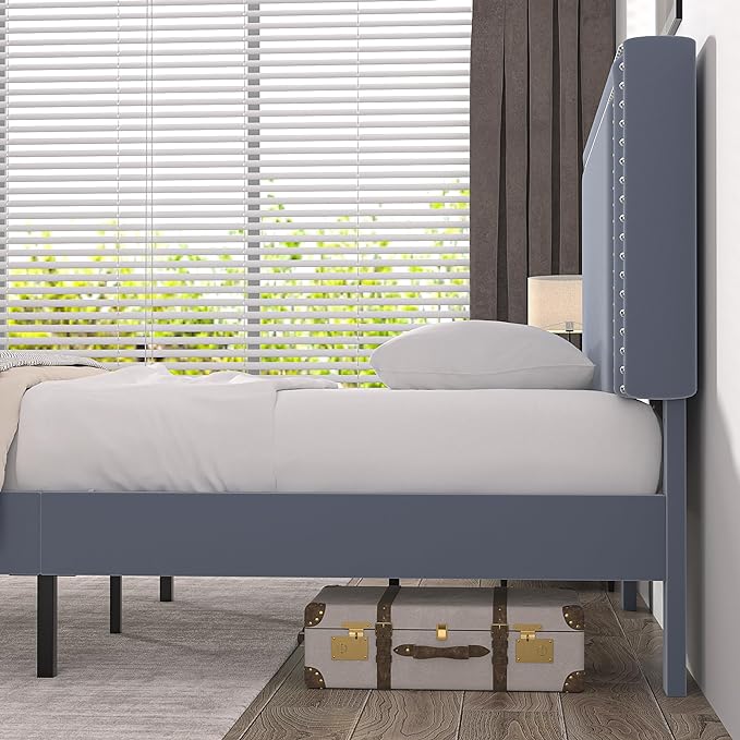VECELO Twin Size Platform Bed Frame with Adjustable Upholstered Headboard, Modern Mattress Foundation, Strong Wood Slat Support, No Box Spring Needed, Easy Assembly - LeafyLoom