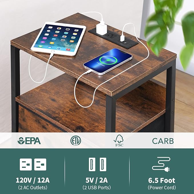 Yoobure Nightstand with Charging Station, LED Night Stand with Fabric Drawers and Storage Shelf for Bedroom, Nightstands Bedside Tables with USB Ports & Outlets, Small Night Stands, Bed Side Table - LeafyLoom