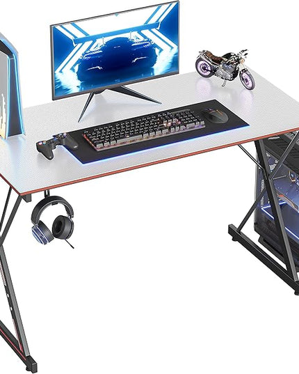 CubiCubi Gaming Desk 47 Inch PC Computer Desk, Carbon Fiber Home Office Desk Table Gamer Workstation, Simple Game Table with Headphone Hook, White - LeafyLoom