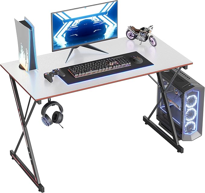 CubiCubi Gaming Desk 47 Inch PC Computer Desk, Carbon Fiber Home Office Desk Table Gamer Workstation, Simple Game Table with Headphone Hook, White - LeafyLoom