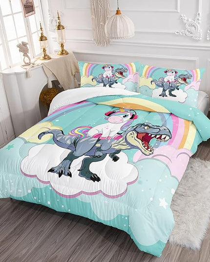 Unicorn Comforter Set 3Pcs Cartoon Dinosaur Kids Bedding Set Rainbow Cloudy Star Bed Set with 1 Comforter and 2 Pillowcases - LeafyLoom