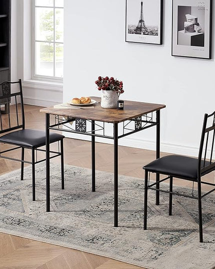 VECELO 3-Piece Dining Room Wooden Kitchen Table and Pu Cushion Chair Sets for Small Space, Retro Brown - LeafyLoom