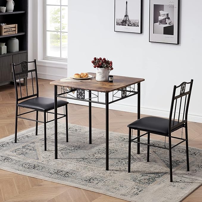 VECELO 3-Piece Dining Room Wooden Kitchen Table and Pu Cushion Chair Sets for Small Space, Retro Brown - LeafyLoom