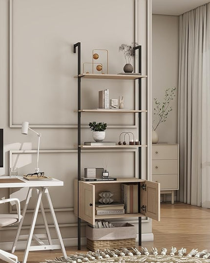 Panana Modern 3 Tier Bookcase with Rattan Cabinet in Light Oak Finish with Matte Black Metal Frame for Living Room, Home Office Storage (Light Oak, 3-Tier) - LeafyLoom