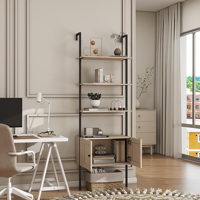 Panana Modern 3 Tier Bookcase with Rattan Cabinet in Light Oak Finish with Matte Black Metal Frame for Living Room, Home Office Storage (Light Oak, 3-Tier) - LeafyLoom