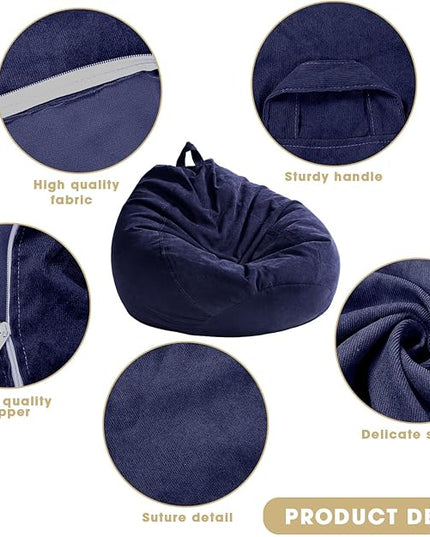 2 Pcs Bean Bag Cover Stuffed Animal Storage Bean Bag Chair Cover Soft Corduroy Stuffed Animal Bean Bag Storage for Kids Adults Indoor Bedroom Organizing Plush Toys (Blue,200l) - LeafyLoom
