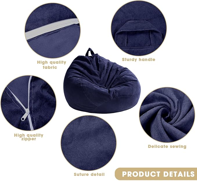 2 Pcs Bean Bag Cover Stuffed Animal Storage Bean Bag Chair Cover Soft Corduroy Stuffed Animal Bean Bag Storage for Kids Adults Indoor Bedroom Organizing Plush Toys (Blue,200l) - LeafyLoom