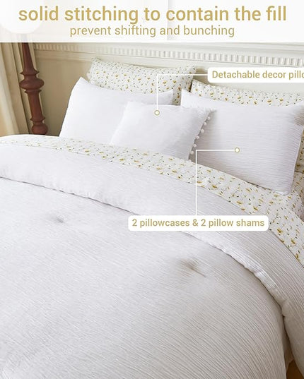 8 Piece Woven Texture White King Size Comforter Set, Bed in A Bag Bedding King with Comforter and Sheets, Soft Lightweight Comforter Set with Deocor Throw Pillow, White - LeafyLoom