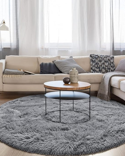 Grey Round Rug for Bedroom, Super Fluffy Circle Rugs for Baby Nursery, 4'X4' Feet Furry Carpet for Children Kids Room, Cute Soft Shaggy Rug for Girls Home Decor, Fuzzy Plush Carpets for Dorm - LeafyLoom
