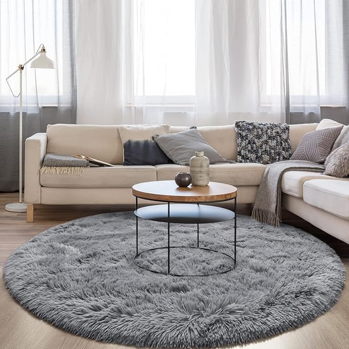 Grey Round Rug for Bedroom, Super Fluffy Circle Rugs for Baby Nursery, 5'X5' Feet Furry Carpet for Children Kids Room, Cute Soft Shaggy Rug for Girls Home Decor, Fuzzy Plush Carpets for Dorm - LeafyLoom