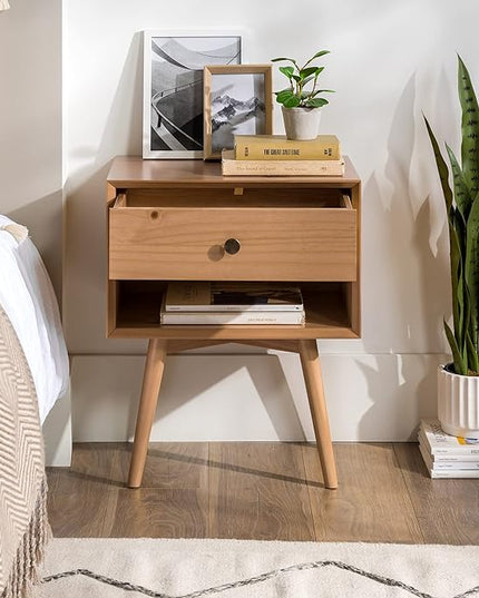 Walker Edison Mid Century Modern 1 Nightstand Bedroom Storage Drawer and Shelf Bedside End Table, 24 Inch, Natural Pine - LeafyLoom