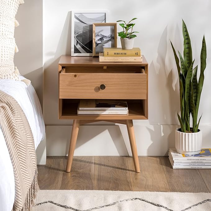 Walker Edison Mid Century Modern 1 Nightstand Bedroom Storage Drawer and Shelf Bedside End Table, 24 Inch, Natural Pine - LeafyLoom