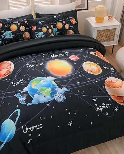 6 Pcs Solar System Comforter Set Full Outer Space Bedding Set Universe Planets Theme Comforter for Boys Kids Ultra-Soft (1 Comforter, 2 Pillowcases, 1 Flat Sheet, 1 Fitted Sheet,1 Pillowcover) - LeafyLoom