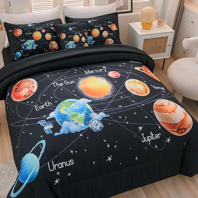 6 Pcs Solar System Comforter Set Full Outer Space Bedding Set Universe Planets Theme Comforter for Boys Kids Ultra-Soft (1 Comforter, 2 Pillowcases, 1 Flat Sheet, 1 Fitted Sheet,1 Pillowcover) - LeafyLoom