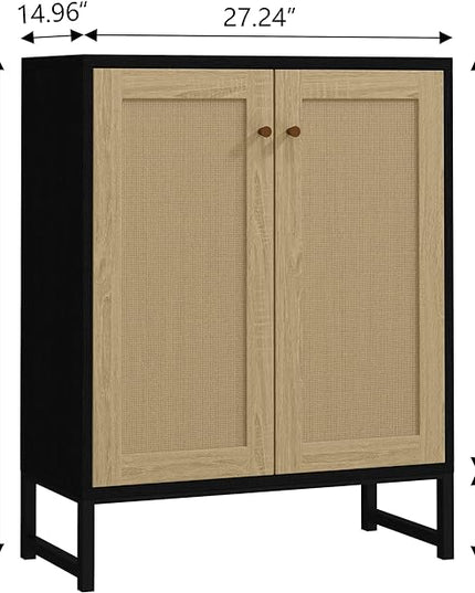 Panana Rattan Decorated 2 Doors Storage Cabinet Accent Cabinet Living Room Cupboard Kitchen Sideboard Buffet Table (Black Cabinet) - LeafyLoom