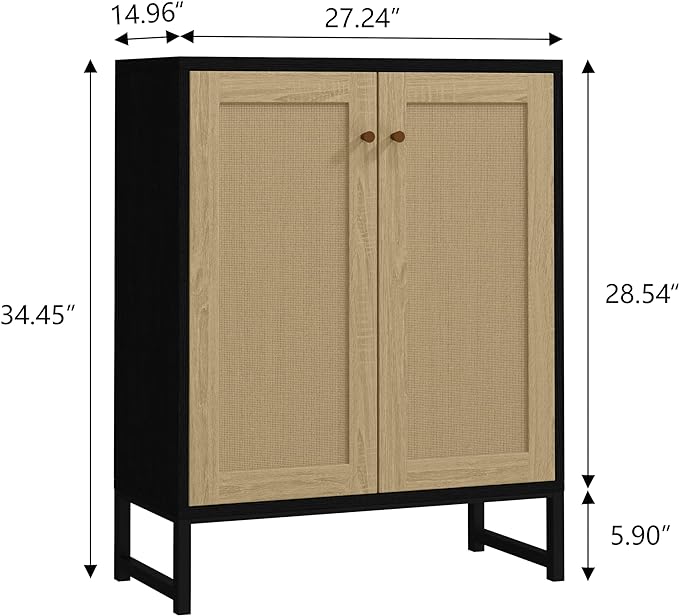 Panana Rattan Decorated 2 Doors Storage Cabinet Accent Cabinet Living Room Cupboard Kitchen Sideboard Buffet Table (Black Cabinet) - LeafyLoom