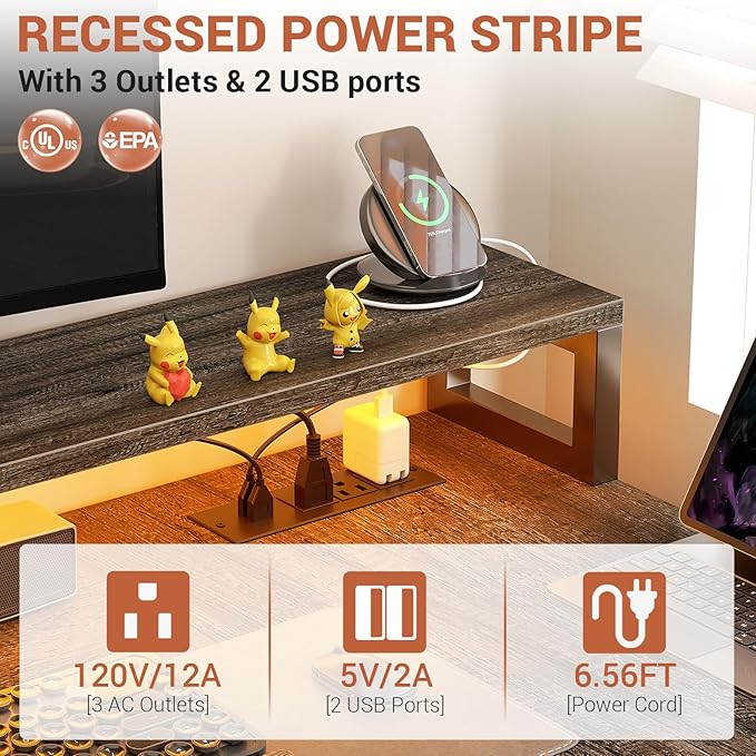 Aheaplus L Shaped Desk with File Drawer, 66" Reversible L Shaped Computer Desk with Power Outlet & LED Strip, Gaming Desk with Long Monitor Stand, Office Desk Corner Desk with Storage Shelf, Grey Oak - LeafyLoom